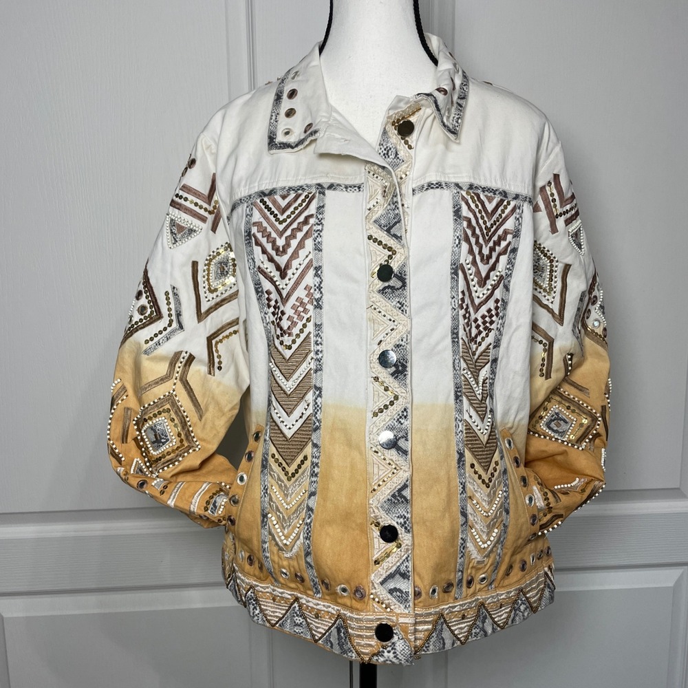 Boston Proper Embellished Jacket Western Aztec Sequin Beaded Boho Chic Denim‎ XL - Picture 13 of 13
